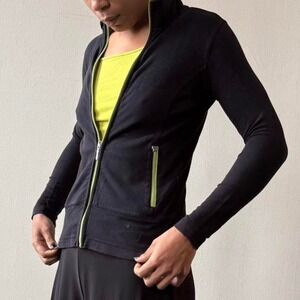 Black and neon lime lightweight zip-up jacket with matching tank top
